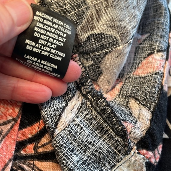 Linen Blend V Neck Dress Black Peach Tropic Floral Print Sz Medium Light Beachy - Picture 9 of 17